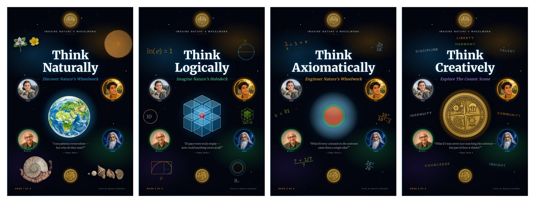 The four Imagine Nature's Wheelwork book covers: Think Naturally, Think Logically, Think Axiomatically, Think Creatively