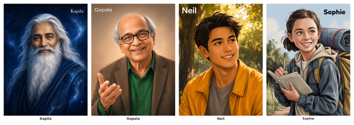 Kapila, Gopala, Neil and Sophie — the characters of Imagine Nature's Wheelwork